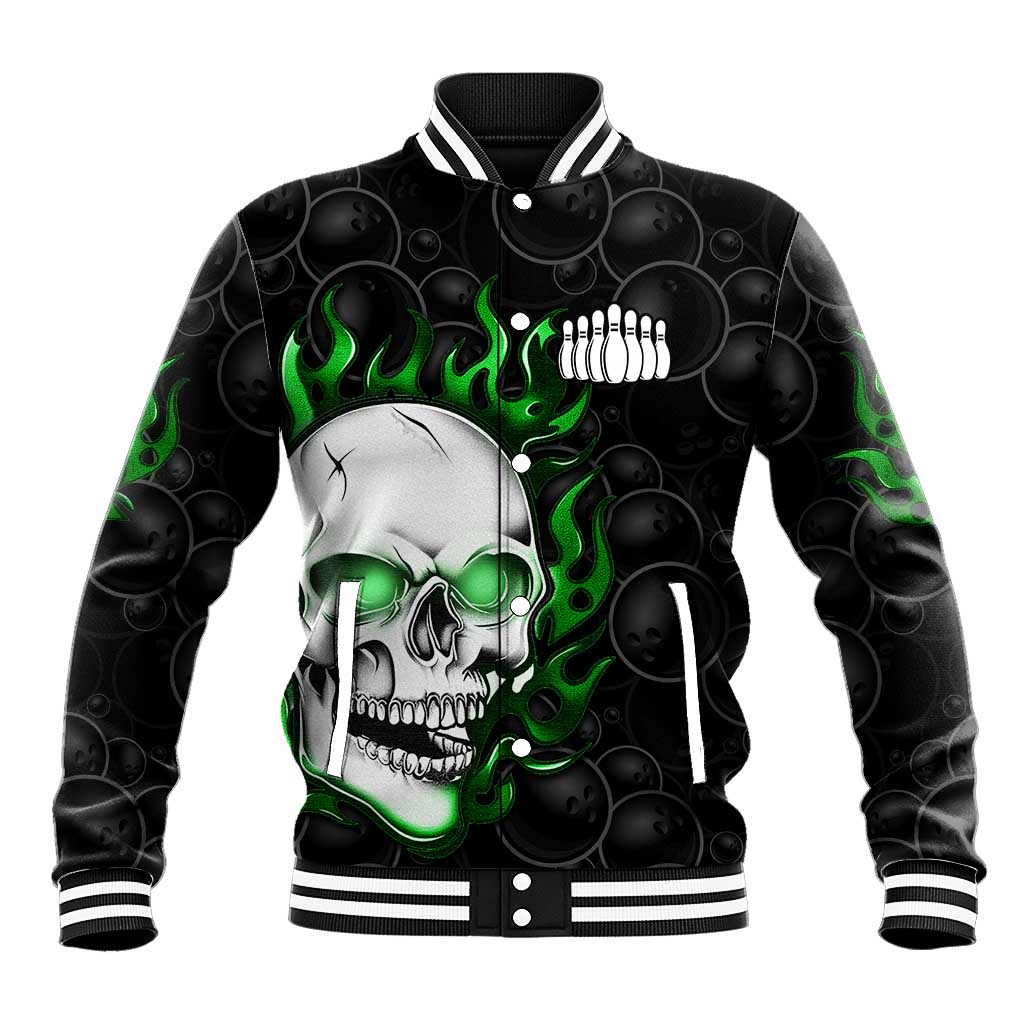 Personalized Skull Bowling Baseball Jacket Green Flame Skull - Wonder Print Shop
