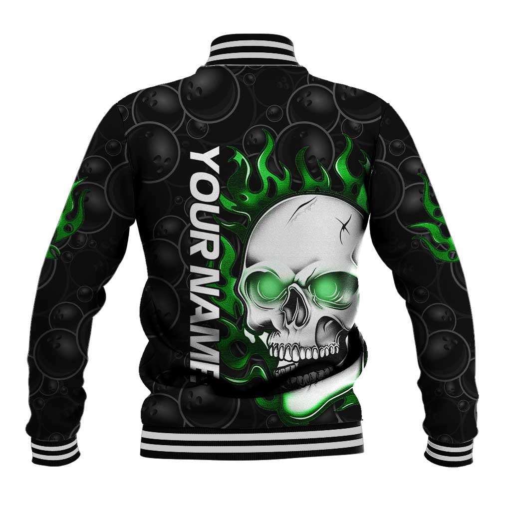Personalized Skull Bowling Baseball Jacket Green Flame Skull - Wonder Print Shop