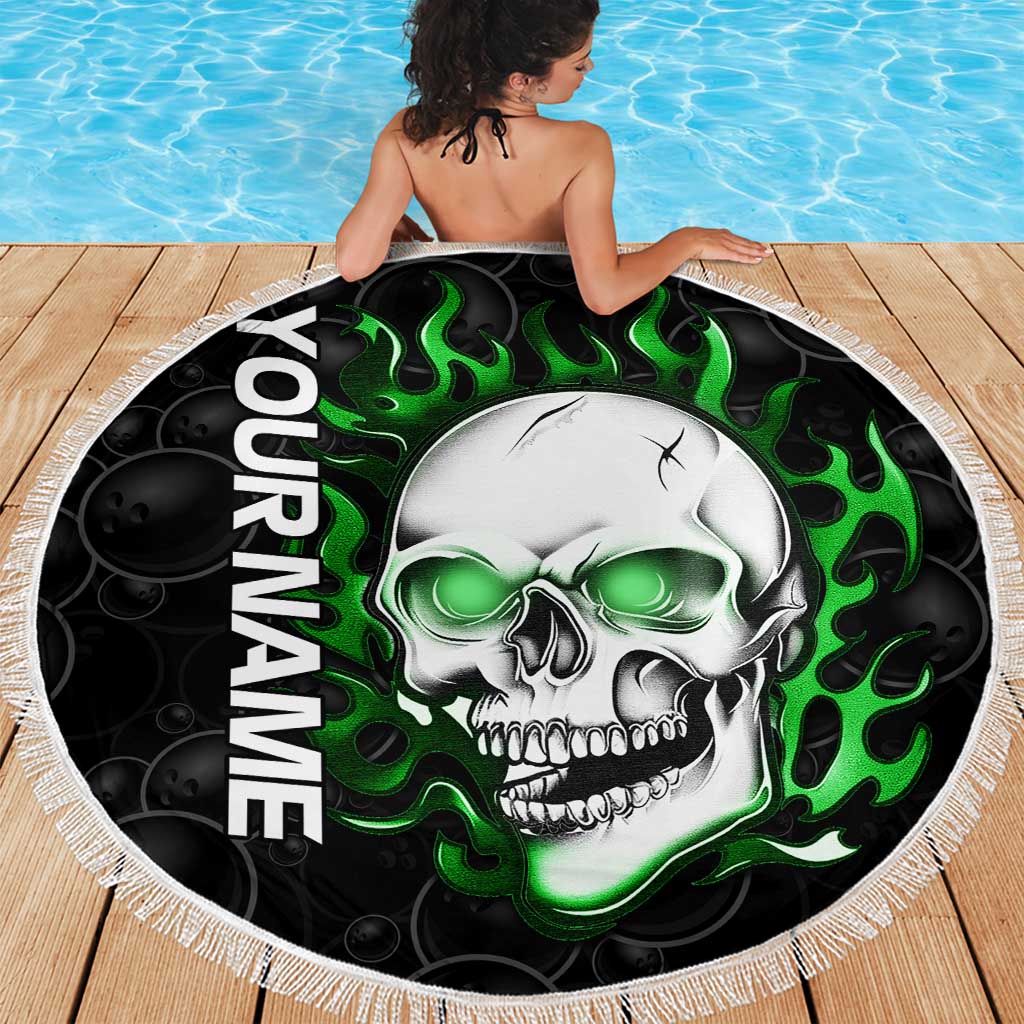 Personalized Skull Bowling Beach Blanket Green Flame Skull - Wonder Print Shop