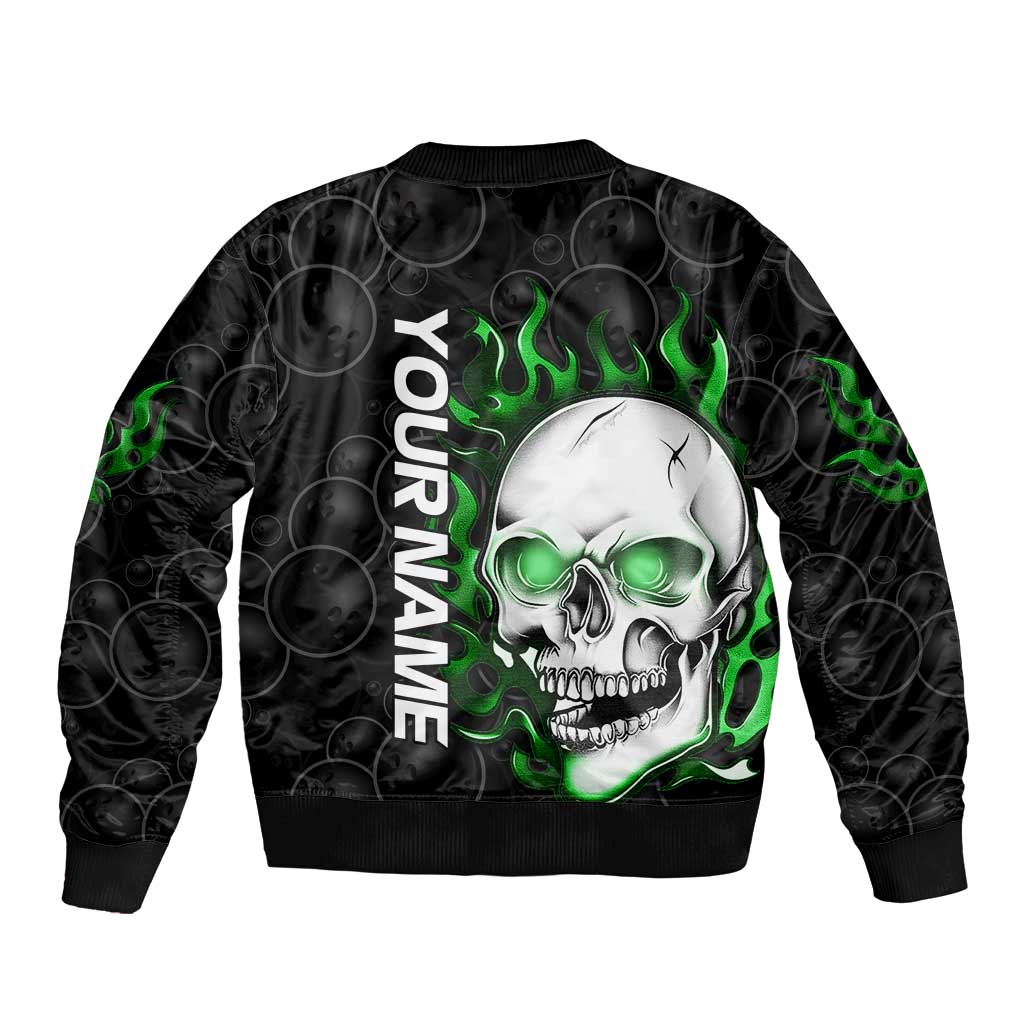 Personalized Skull Bowling Bomber Jacket Green Flame Skull - Wonder Print Shop