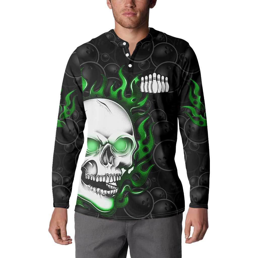 Personalized Skull Bowling Button Sweatshirt Green Flame Skull - Wonder Print Shop