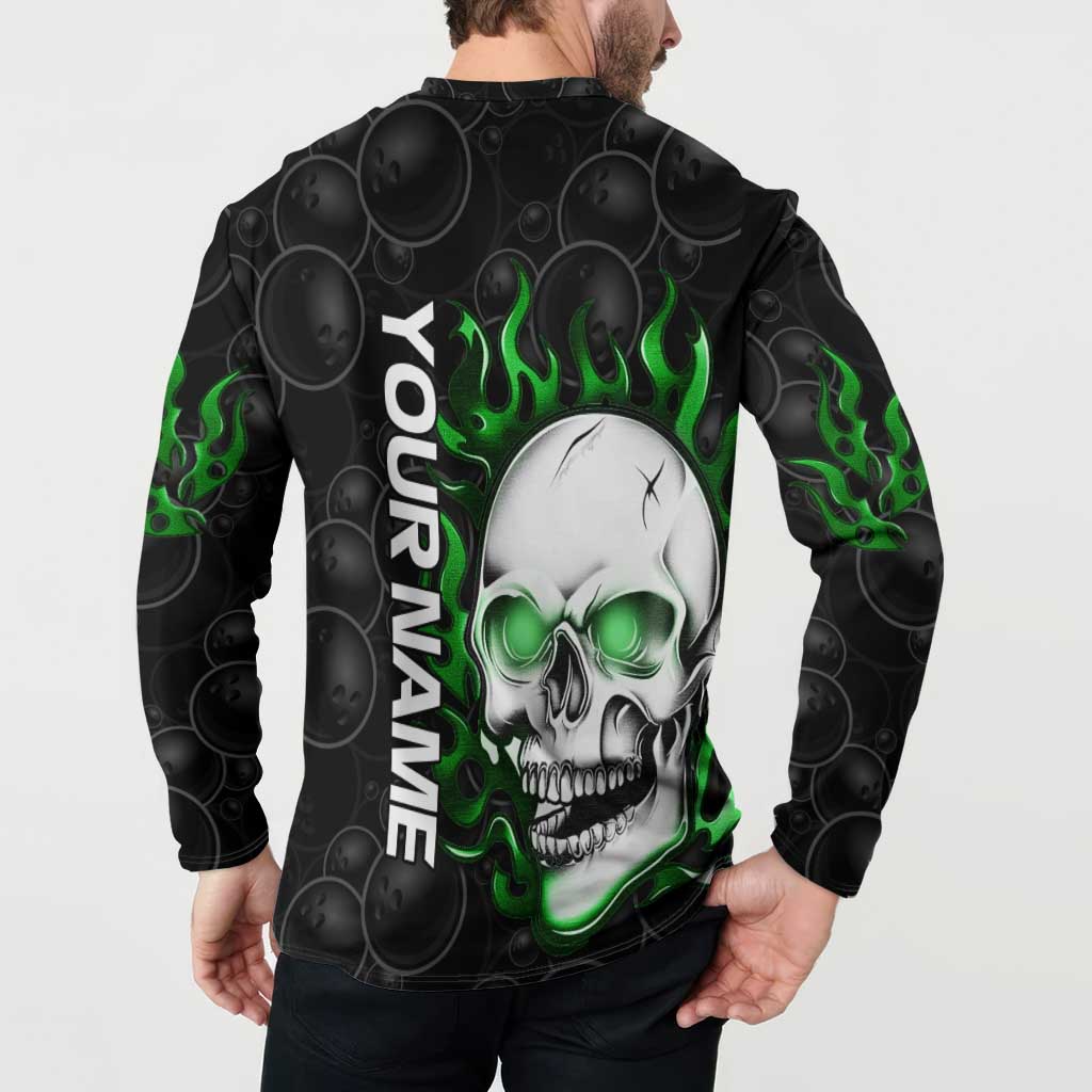 Personalized Skull Bowling Button Sweatshirt Green Flame Skull - Wonder Print Shop