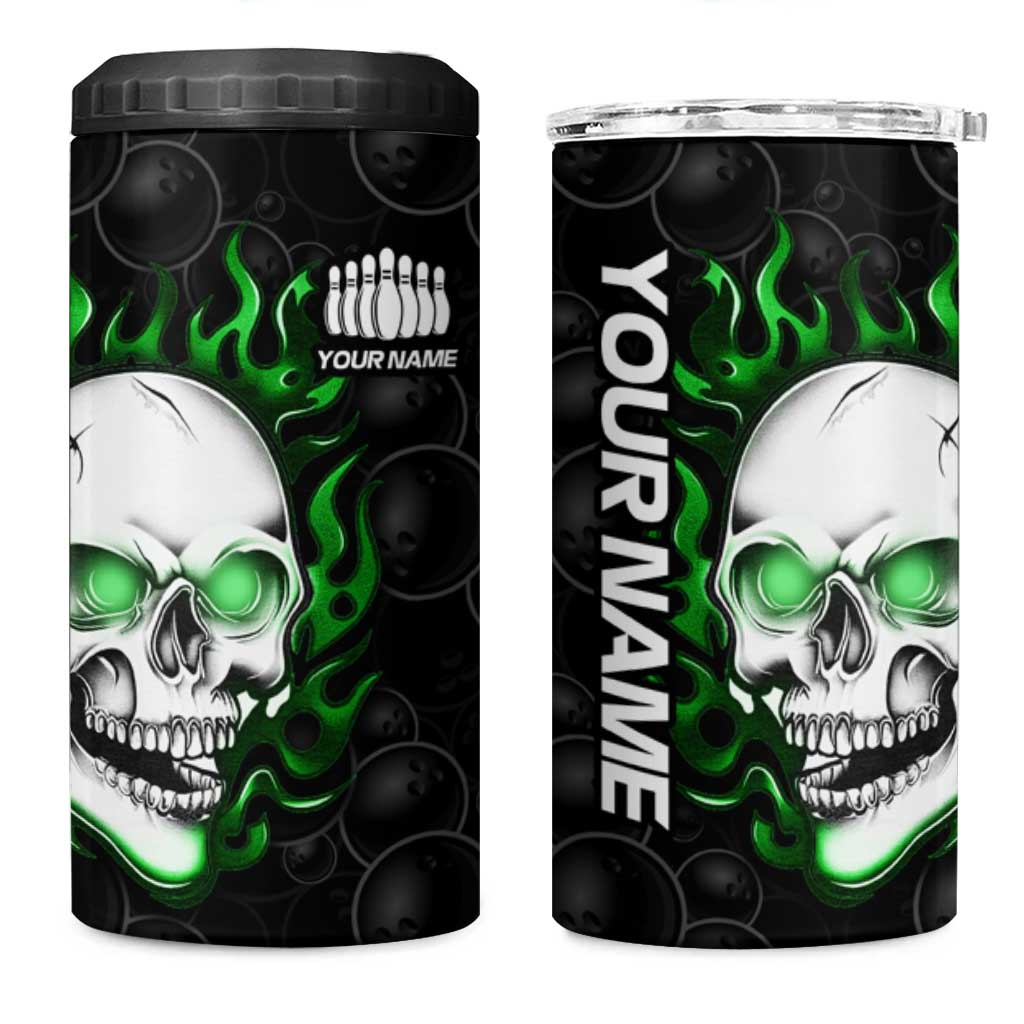 Personalized Skull Bowling 4 in 1 Can Cooler Tumbler Green Flame Skull - Wonder Print Shop