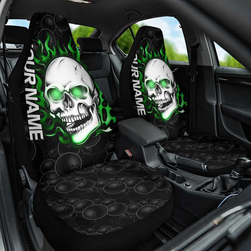 Personalized Skull Bowling Car Seat Cover Green Flame Skull - Wonder Print Shop