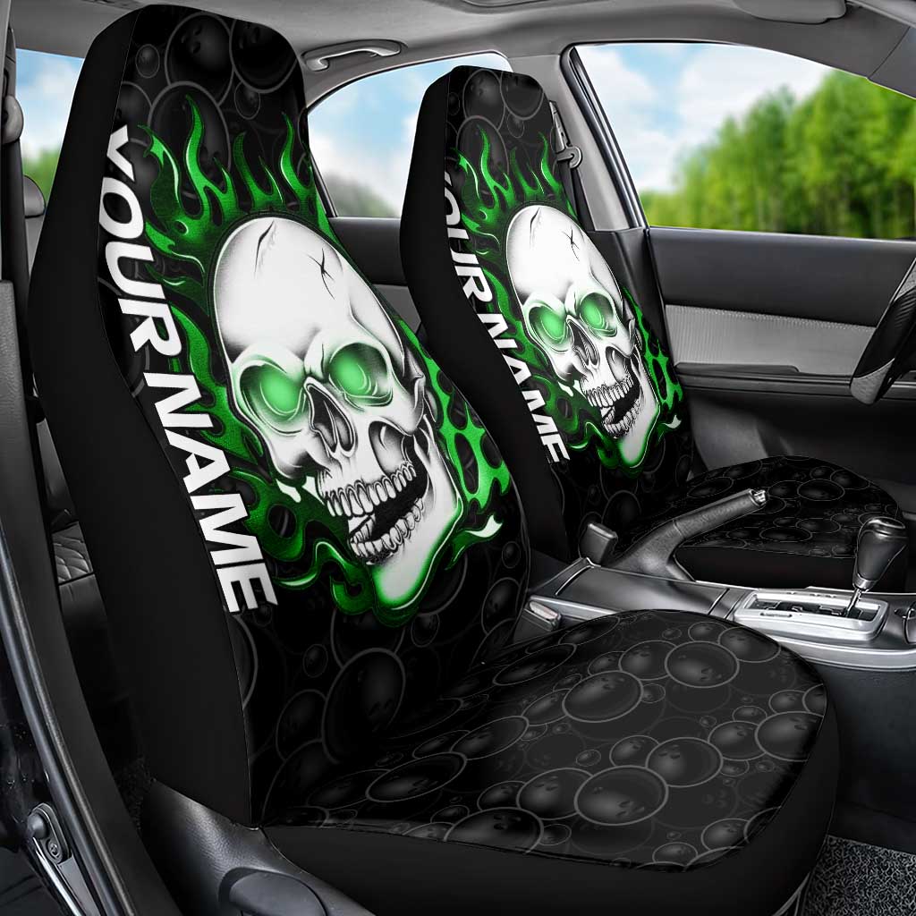 Personalized Skull Bowling Car Seat Cover Green Flame Skull - Wonder Print Shop