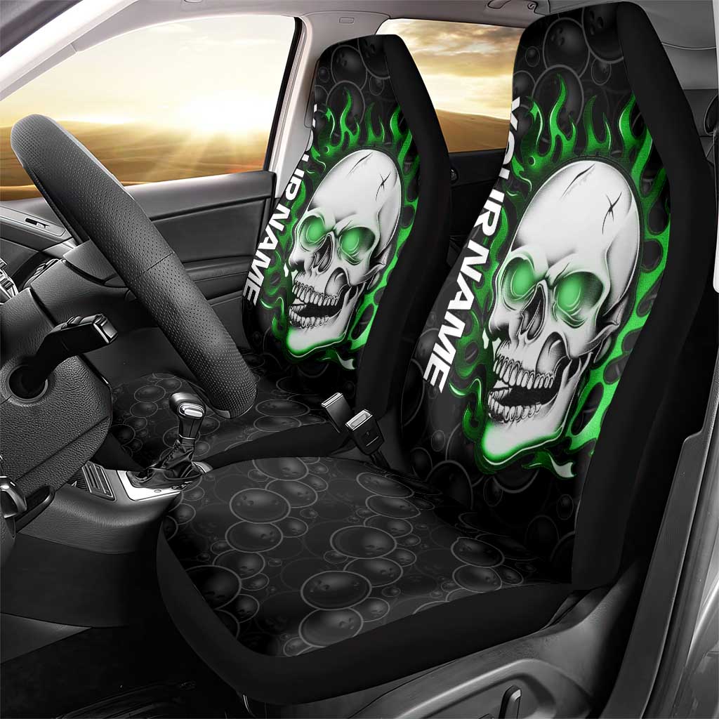 Personalized Skull Bowling Car Seat Cover Green Flame Skull - Wonder Print Shop