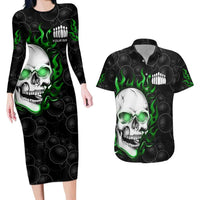 Personalized Skull Bowling Couples Matching Long Sleeve Bodycon Dress and Hawaiian Shirt Green Flame Skull - Wonder Print Shop