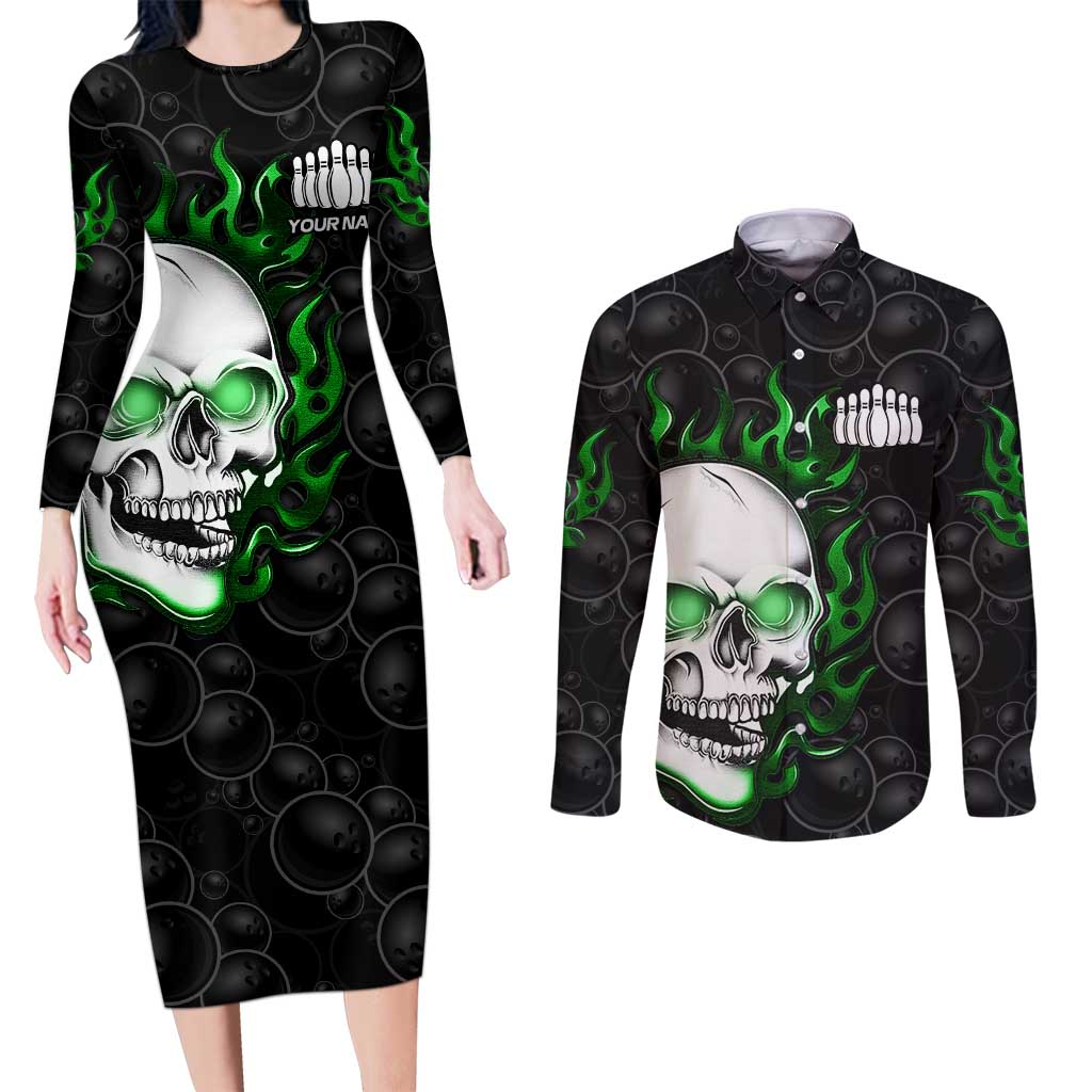 Personalized Skull Bowling Couples Matching Long Sleeve Bodycon Dress and Long Sleeve Button Shirt Green Flame Skull - Wonder Print Shop
