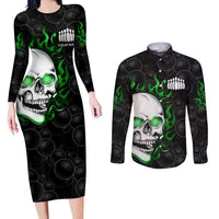 Personalized Skull Bowling Couples Matching Long Sleeve Bodycon Dress and Long Sleeve Button Shirt Green Flame Skull - Wonder Print Shop