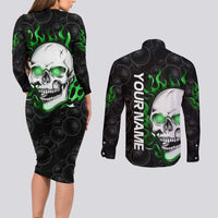 Personalized Skull Bowling Couples Matching Long Sleeve Bodycon Dress and Long Sleeve Button Shirt Green Flame Skull - Wonder Print Shop