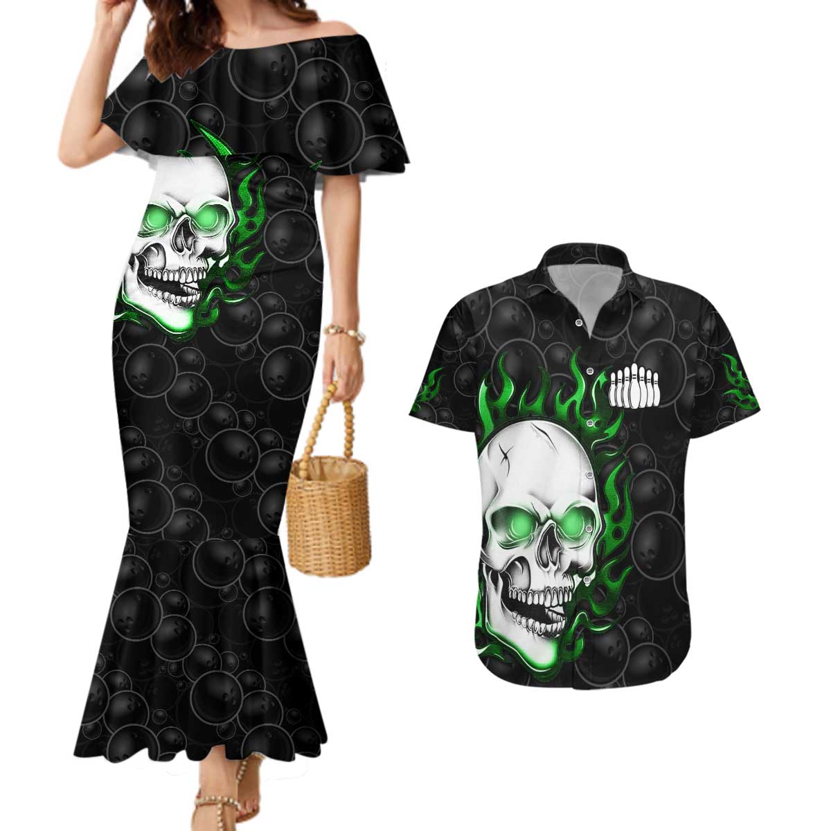 Personalized Skull Bowling Couples Matching Mermaid Dress and Hawaiian Shirt Green Flame Skull - Wonder Print Shop