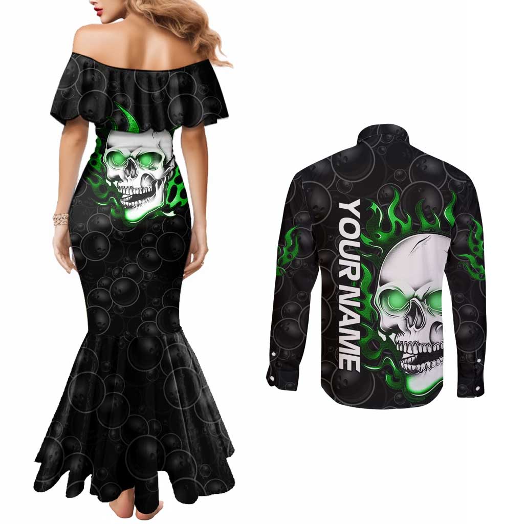 Personalized Skull Bowling Couples Matching Mermaid Dress and Long Sleeve Button Shirt Green Flame Skull - Wonder Print Shop