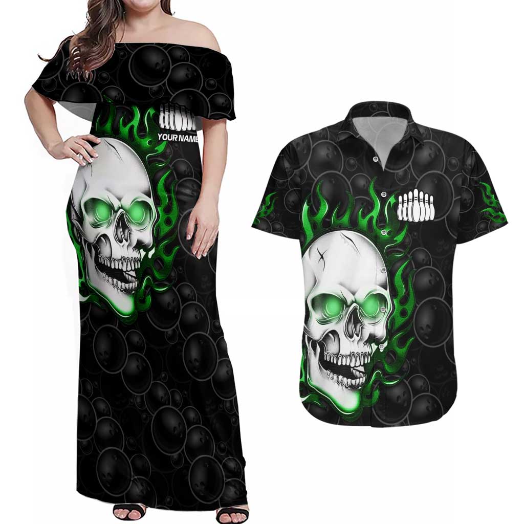 Personalized Skull Bowling Couples Matching Off Shoulder Maxi Dress and Hawaiian Shirt Green Flame Skull - Wonder Print Shop