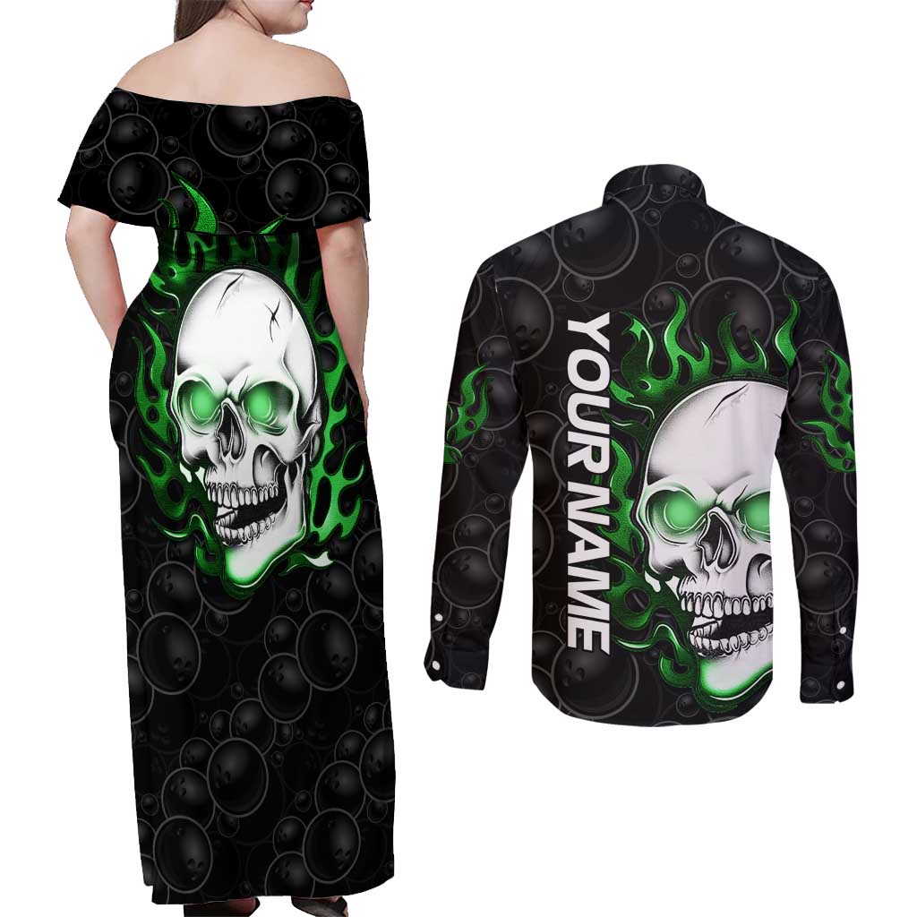 Personalized Skull Bowling Couples Matching Off Shoulder Maxi Dress and Long Sleeve Button Shirt Green Flame Skull - Wonder Print Shop
