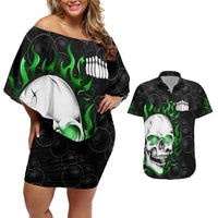 Personalized Skull Bowling Couples Matching Off Shoulder Short Dress and Hawaiian Shirt Green Flame Skull - Wonder Print Shop