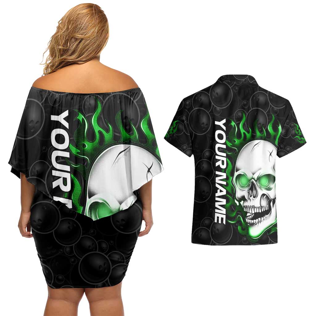 Personalized Skull Bowling Couples Matching Off Shoulder Short Dress and Hawaiian Shirt Green Flame Skull - Wonder Print Shop