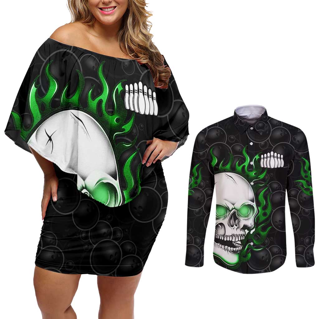 Personalized Skull Bowling Couples Matching Off Shoulder Short Dress and Long Sleeve Button Shirt Green Flame Skull - Wonder Print Shop