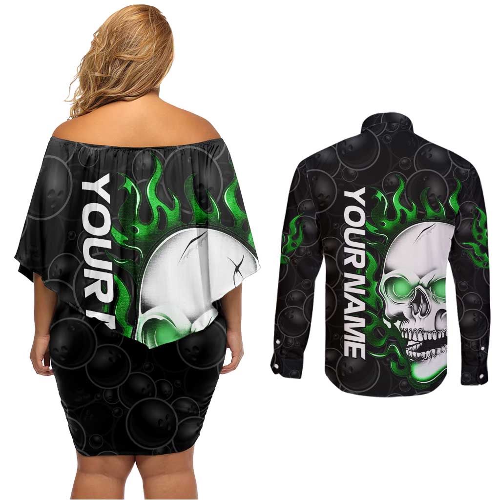 Personalized Skull Bowling Couples Matching Off Shoulder Short Dress and Long Sleeve Button Shirt Green Flame Skull - Wonder Print Shop