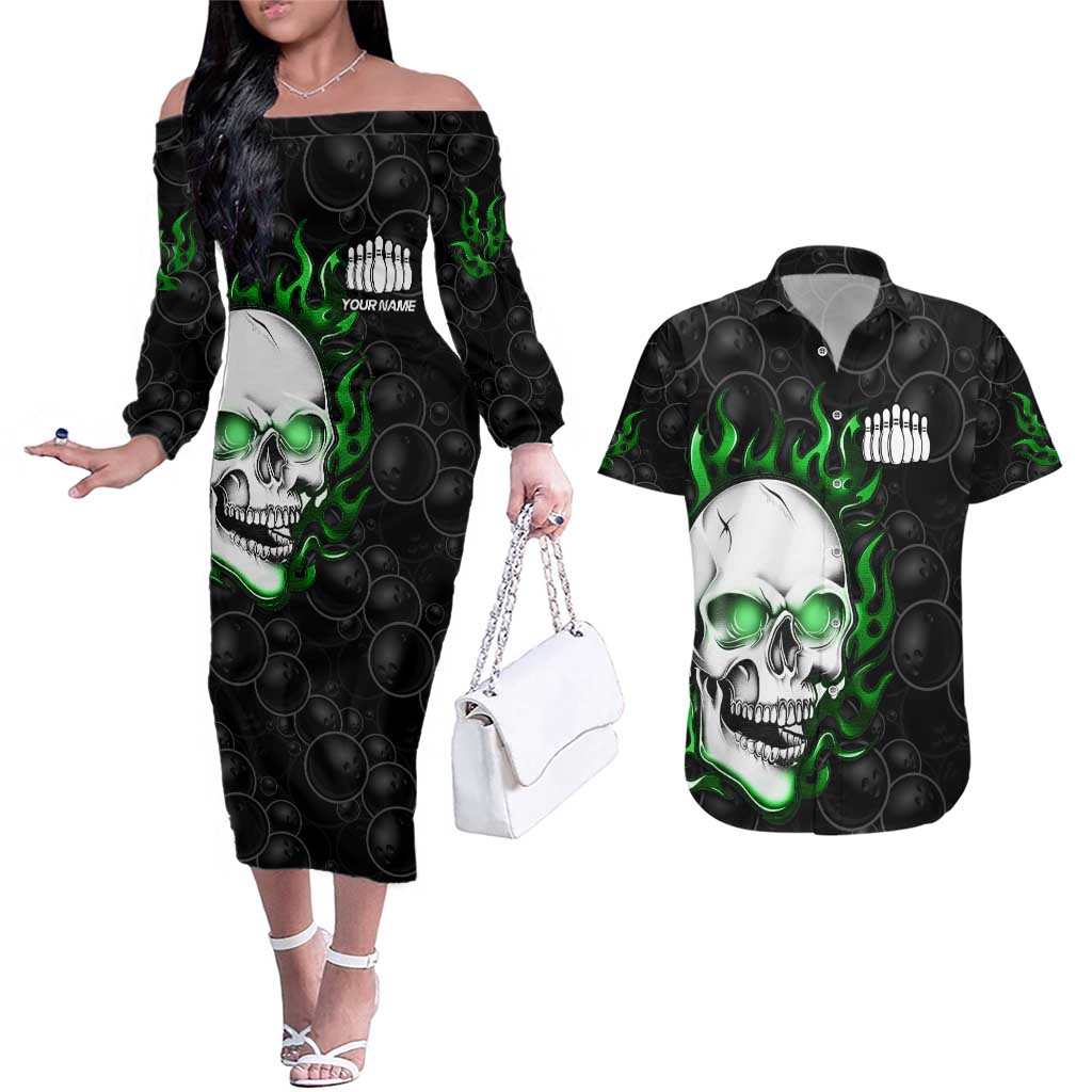 Personalized Skull Bowling Couples Matching Off The Shoulder Long Sleeve Dress and Hawaiian Shirt Green Flame Skull - Wonder Print Shop