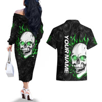 Personalized Skull Bowling Couples Matching Off The Shoulder Long Sleeve Dress and Hawaiian Shirt Green Flame Skull - Wonder Print Shop