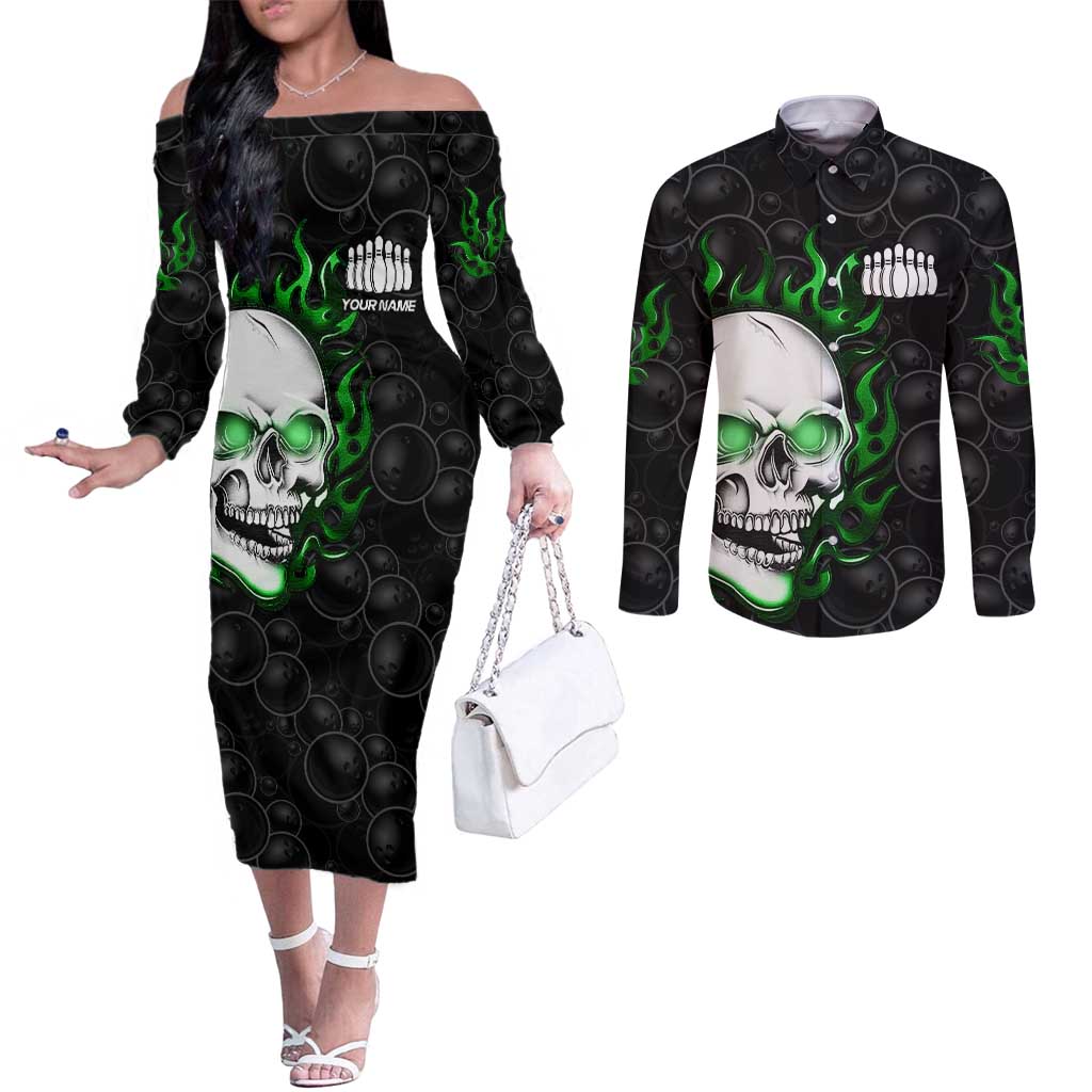Personalized Skull Bowling Couples Matching Off The Shoulder Long Sleeve Dress and Long Sleeve Button Shirt Green Flame Skull - Wonder Print Shop