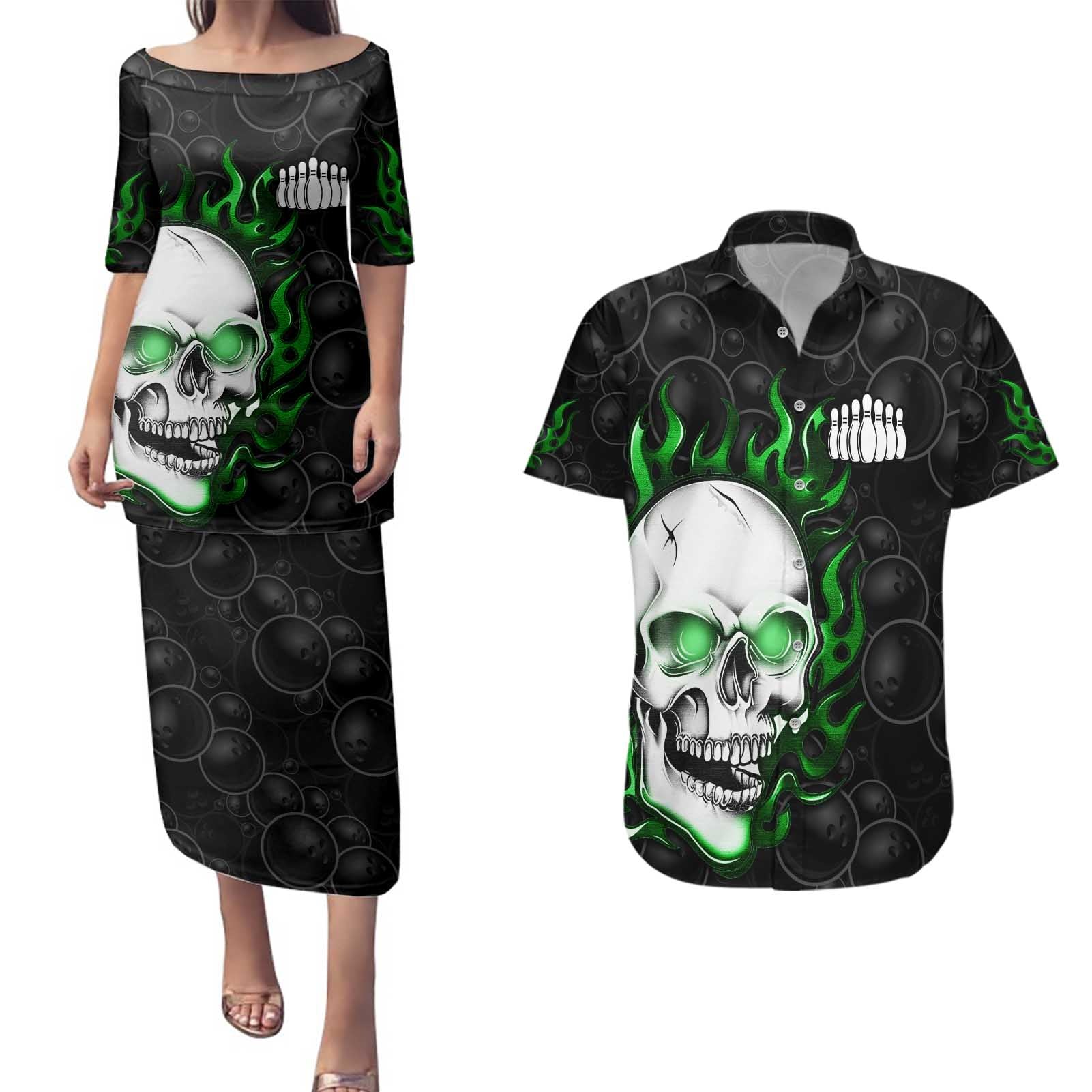 Personalized Skull Bowling Couples Matching Puletasi and Hawaiian Shirt Green Flame Skull - Wonder Print Shop