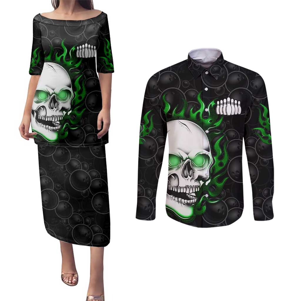 Personalized Skull Bowling Couples Matching Puletasi and Long Sleeve Button Shirt Green Flame Skull - Wonder Print Shop