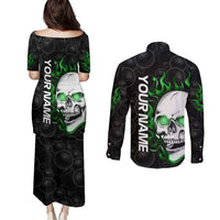 Personalized Skull Bowling Couples Matching Puletasi and Long Sleeve Button Shirt Green Flame Skull - Wonder Print Shop
