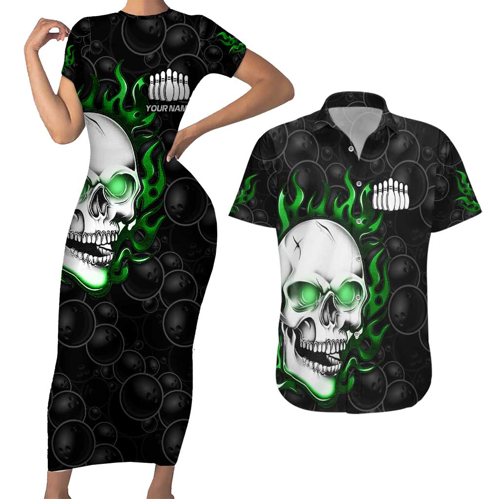 Personalized Skull Bowling Couples Matching Short Sleeve Bodycon Dress and Hawaiian Shirt Green Flame Skull - Wonder Print Shop