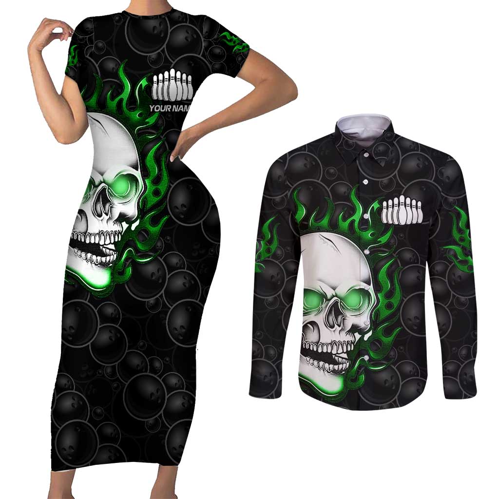 Personalized Skull Bowling Couples Matching Short Sleeve Bodycon Dress and Long Sleeve Button Shirt Green Flame Skull - Wonder Print Shop