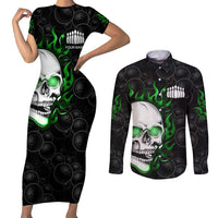 Personalized Skull Bowling Couples Matching Short Sleeve Bodycon Dress and Long Sleeve Button Shirt Green Flame Skull - Wonder Print Shop