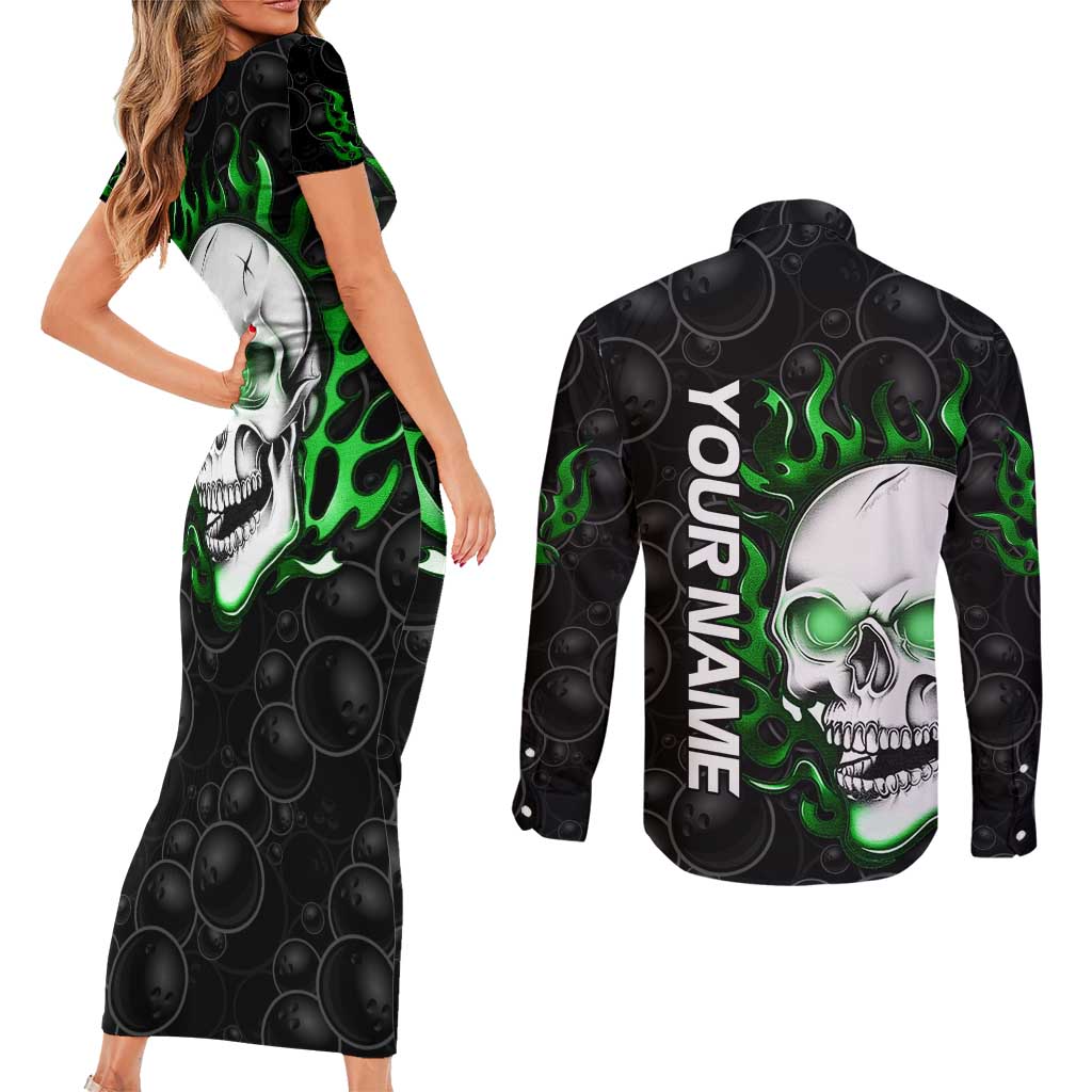 Personalized Skull Bowling Couples Matching Short Sleeve Bodycon Dress and Long Sleeve Button Shirt Green Flame Skull - Wonder Print Shop