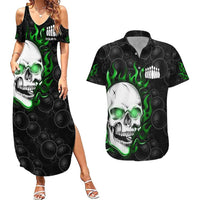 Personalized Skull Bowling Couples Matching Summer Maxi Dress and Hawaiian Shirt Green Flame Skull - Wonder Print Shop