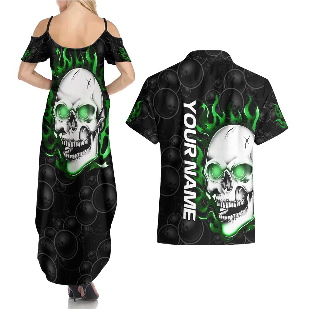 Personalized Skull Bowling Couples Matching Summer Maxi Dress and Hawaiian Shirt Green Flame Skull - Wonder Print Shop