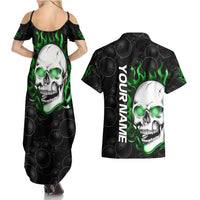Personalized Skull Bowling Couples Matching Summer Maxi Dress and Hawaiian Shirt Green Flame Skull - Wonder Print Shop