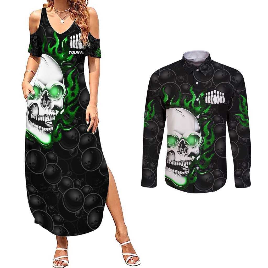 Personalized Skull Bowling Couples Matching Summer Maxi Dress and Long Sleeve Button Shirt Green Flame Skull - Wonder Print Shop