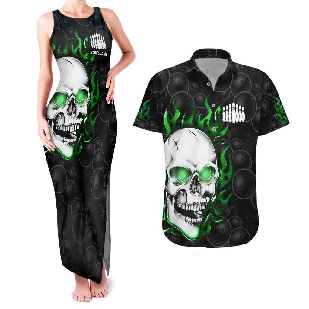 Personalized Skull Bowling Couples Matching Tank Maxi Dress and Hawaiian Shirt Green Flame Skull - Wonder Print Shop