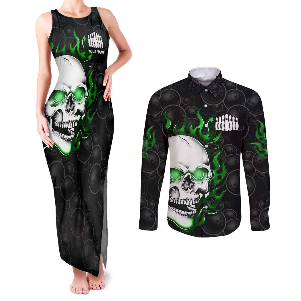 Personalized Skull Bowling Couples Matching Tank Maxi Dress and Long Sleeve Button Shirt Green Flame Skull - Wonder Print Shop