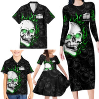 Personalized Skull Bowling Family Matching Long Sleeve Bodycon Dress and Hawaiian Shirt Green Flame Skull - Wonder Print Shop