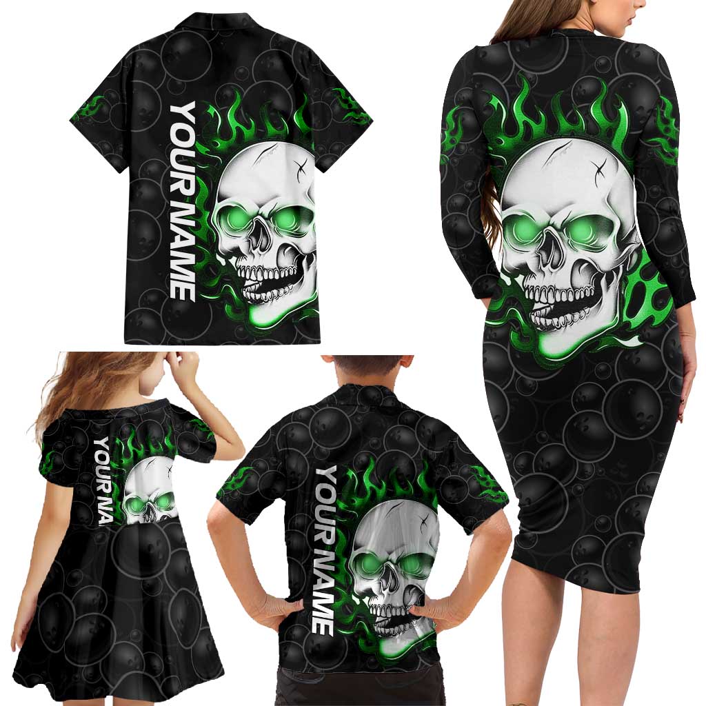 Personalized Skull Bowling Family Matching Long Sleeve Bodycon Dress and Hawaiian Shirt Green Flame Skull - Wonder Print Shop