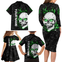 Personalized Skull Bowling Family Matching Long Sleeve Bodycon Dress and Hawaiian Shirt Green Flame Skull - Wonder Print Shop