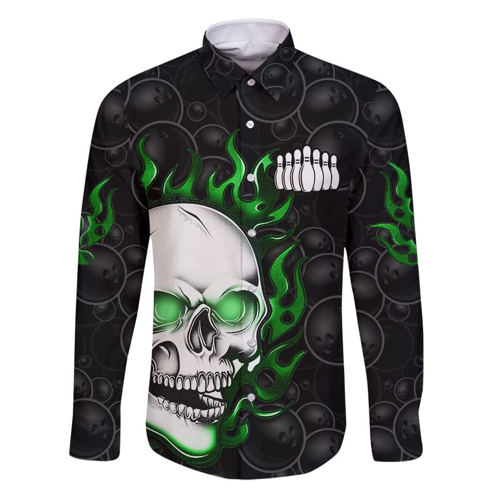 Personalized Skull Bowling Family Matching Long Sleeve Bodycon Dress and Hawaiian Shirt Green Flame Skull - Wonder Print Shop