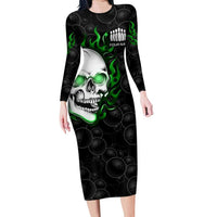 Personalized Skull Bowling Family Matching Long Sleeve Bodycon Dress and Hawaiian Shirt Green Flame Skull - Wonder Print Shop