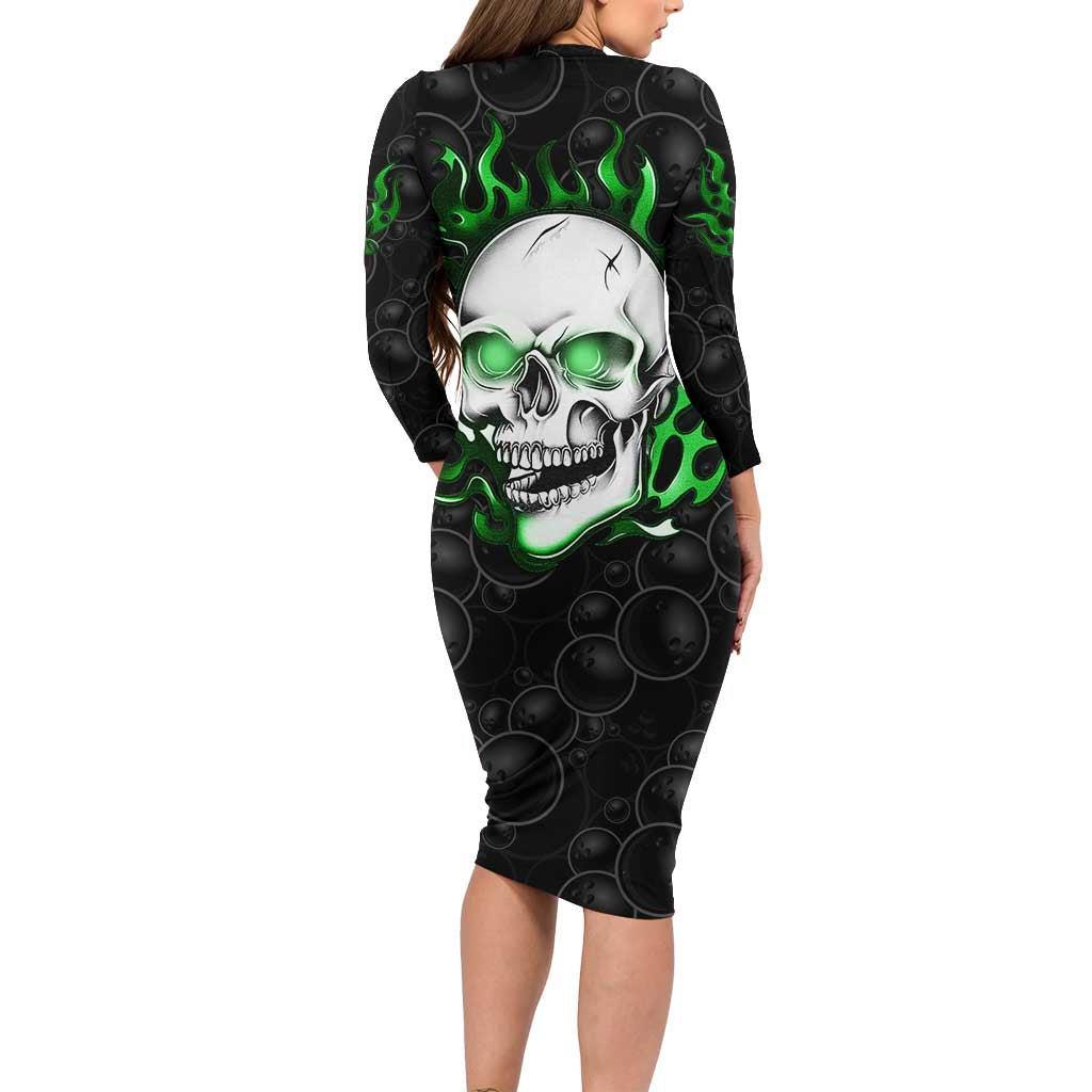 Personalized Skull Bowling Family Matching Long Sleeve Bodycon Dress and Hawaiian Shirt Green Flame Skull - Wonder Print Shop