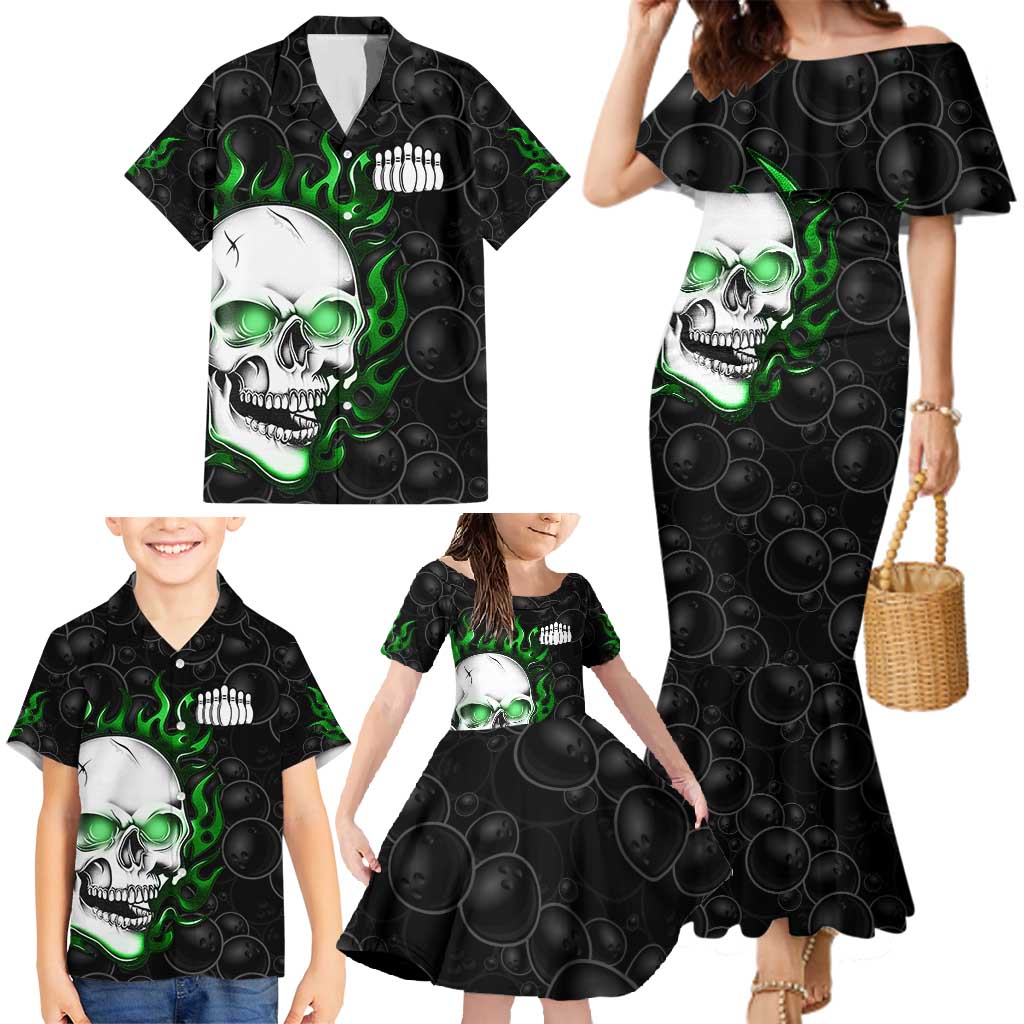 Personalized Skull Bowling Family Matching Mermaid Dress and Hawaiian Shirt Green Flame Skull - Wonder Print Shop