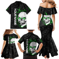 Personalized Skull Bowling Family Matching Mermaid Dress and Hawaiian Shirt Green Flame Skull - Wonder Print Shop
