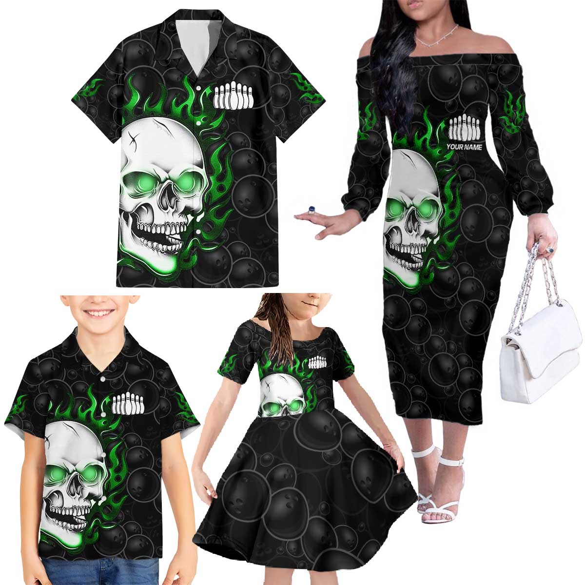 Personalized Skull Bowling Family Matching Off The Shoulder Long Sleeve Dress and Hawaiian Shirt Green Flame Skull - Wonder Print Shop