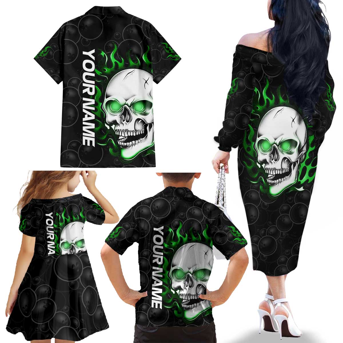 Personalized Skull Bowling Family Matching Off The Shoulder Long Sleeve Dress and Hawaiian Shirt Green Flame Skull - Wonder Print Shop