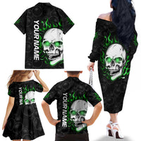 Personalized Skull Bowling Family Matching Off The Shoulder Long Sleeve Dress and Hawaiian Shirt Green Flame Skull - Wonder Print Shop