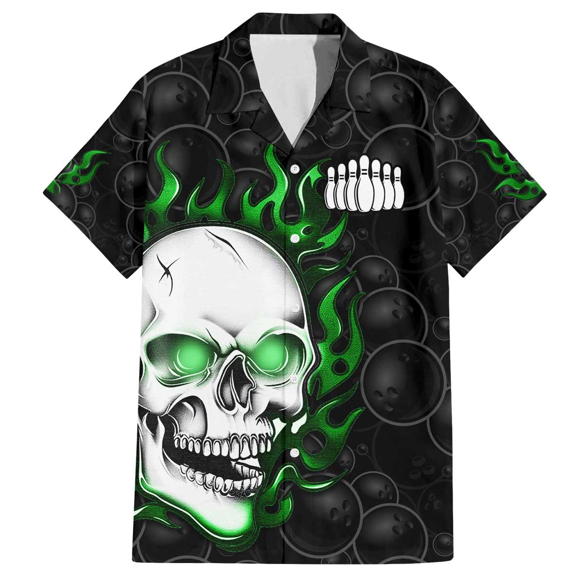 Personalized Skull Bowling Family Matching Off The Shoulder Long Sleeve Dress and Hawaiian Shirt Green Flame Skull - Wonder Print Shop